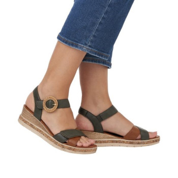 Sandale compensée cuir kaki|Grande taille femme|Remonte